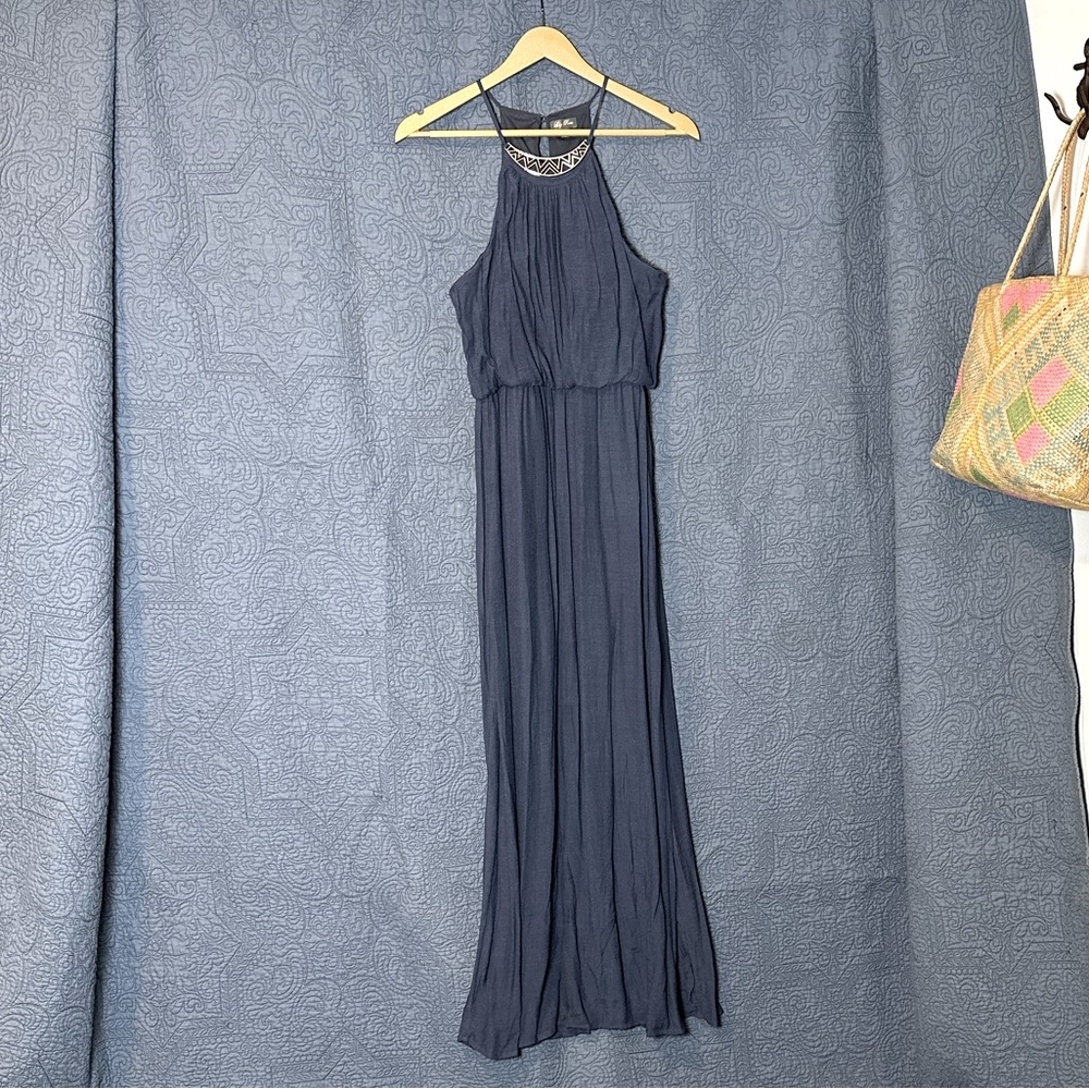 Lily Rose Navy Blue evening/Maxi Dress, Halter top w/ Gold accent. Size Small